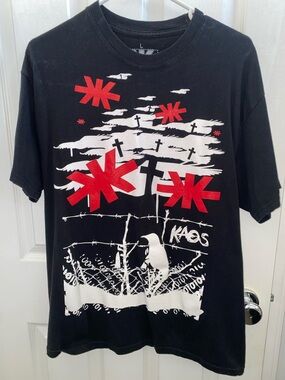 Kaos Black Short-Sleeve Graphic Tee with Red & White Print